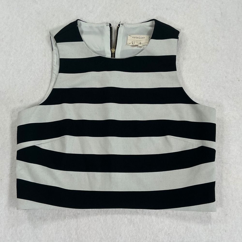 Artelier Nicole Miller Striped Sleeveless Crop Top Black White Zip Back AT10045